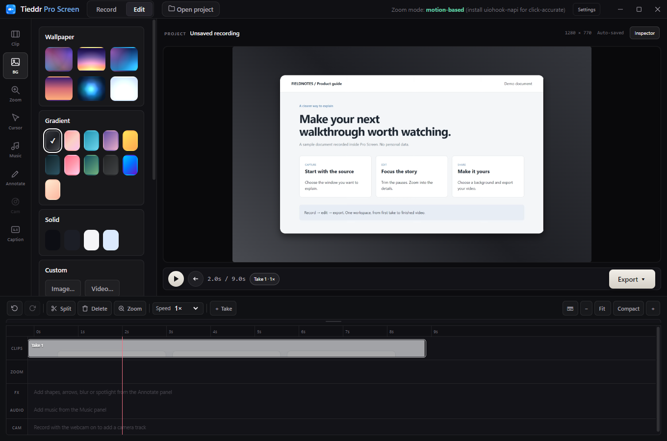 Pro Screen Windows editor with a recording framed against a selected background