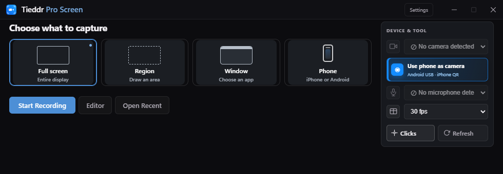 Pro Screen launcher with screen, region, window and phone capture options