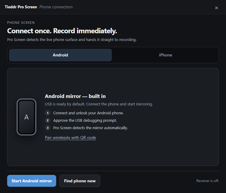 Android and iPhone connection setup in Pro Screen