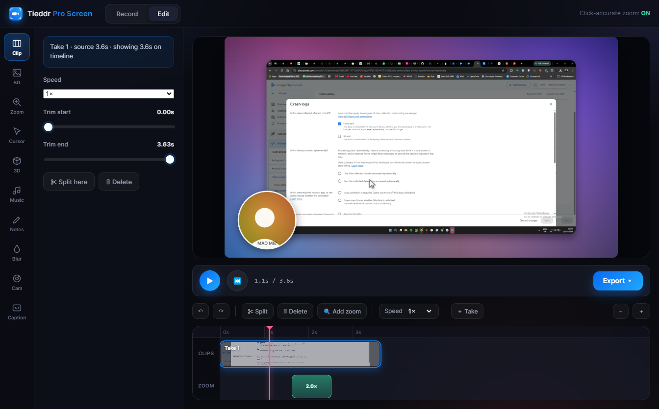 Tieddr Pro Screen editor — cinematic preview, timeline and inspector
